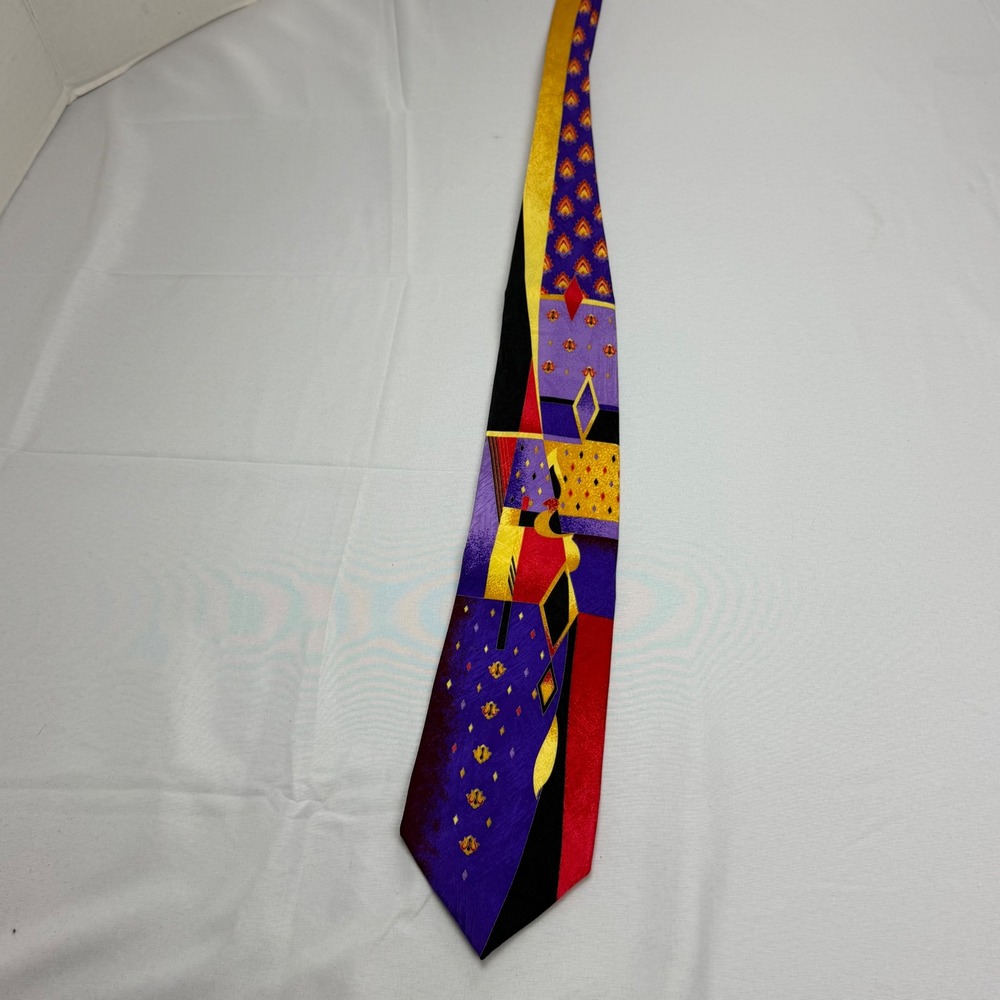 Laurant Benon Necktie 60x3.75 Purple Abstract Geometric Silk Paris Designer Tie
